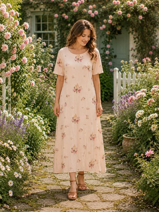 Vintage Dresses & Skirts - Vtg 90s pink floral modest long midi cottagecore dress plus size